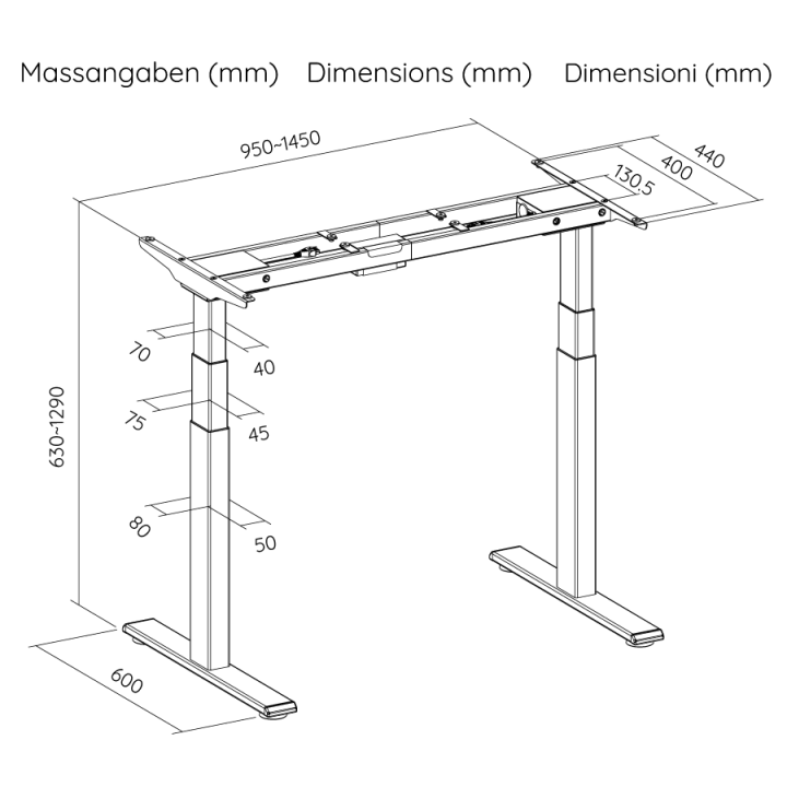 Bureau réglable en hauteur électrique sans dessus de table | Avec option de montage