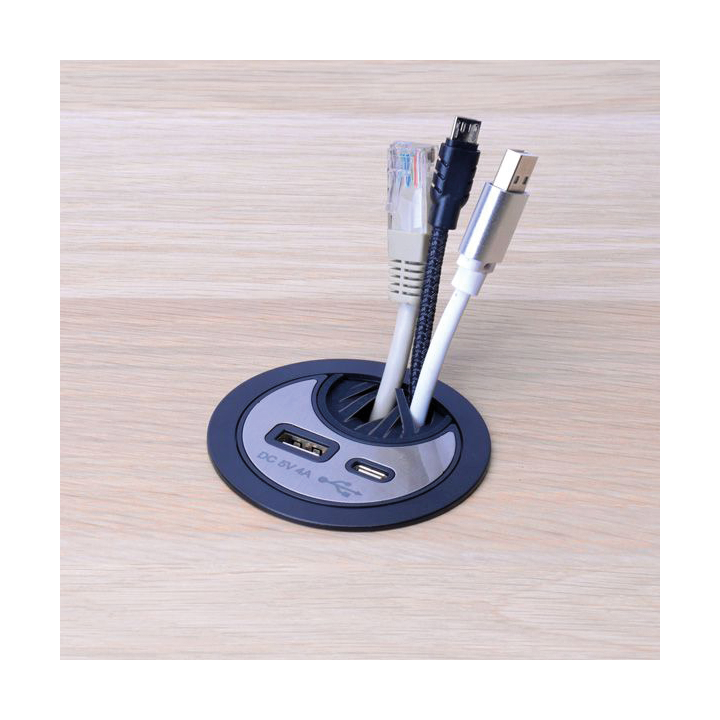 Cable bushing with USB/A and USB/C charger black/silver